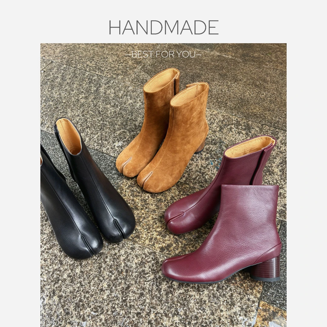 3/6CM羊皮马吉拉分趾猪蹄鞋瘦瘦靴短靴切尔西靴女百搭高个子平底