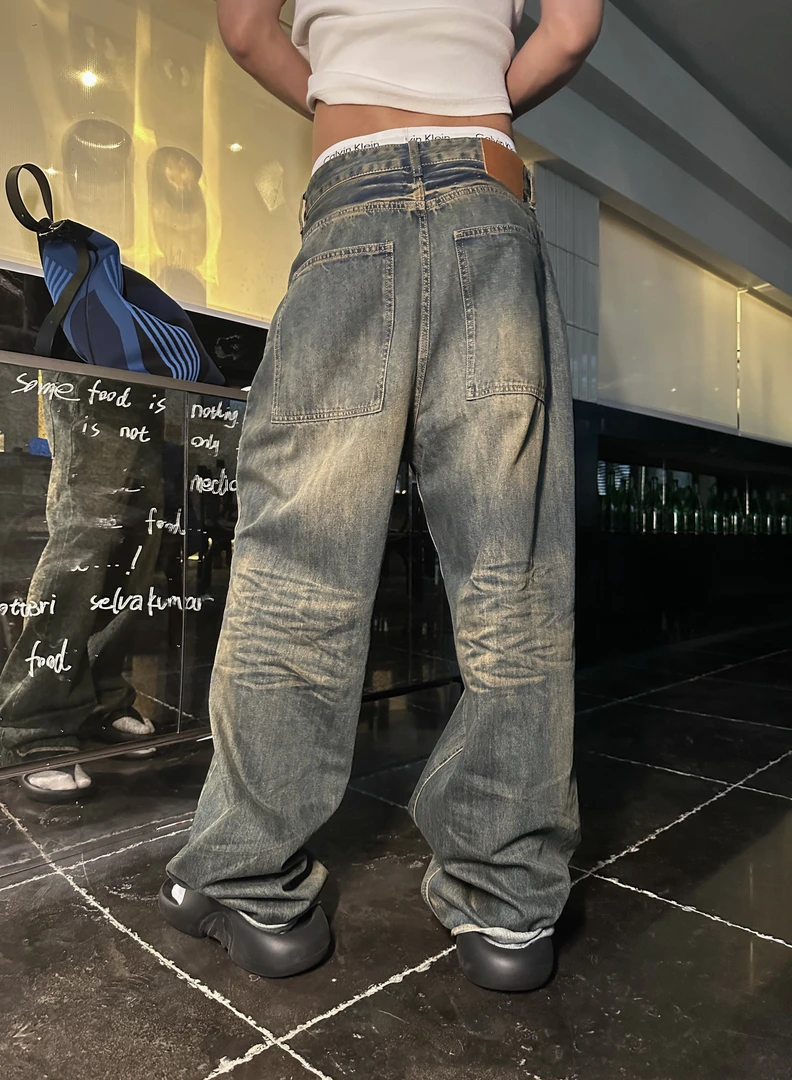 威廉威 男女同款【限量神牛】高级洗水工艺复古阔腿牛仔裤E742