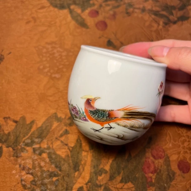 景德镇白泽手绘粉彩工笔花鸟绘画锦上添花仿古缸杯