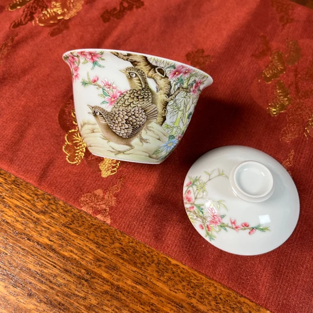 景德镇白泽手绘粉彩工笔花鸟绘画【安居图】仿古泥全手绘两才盖碗