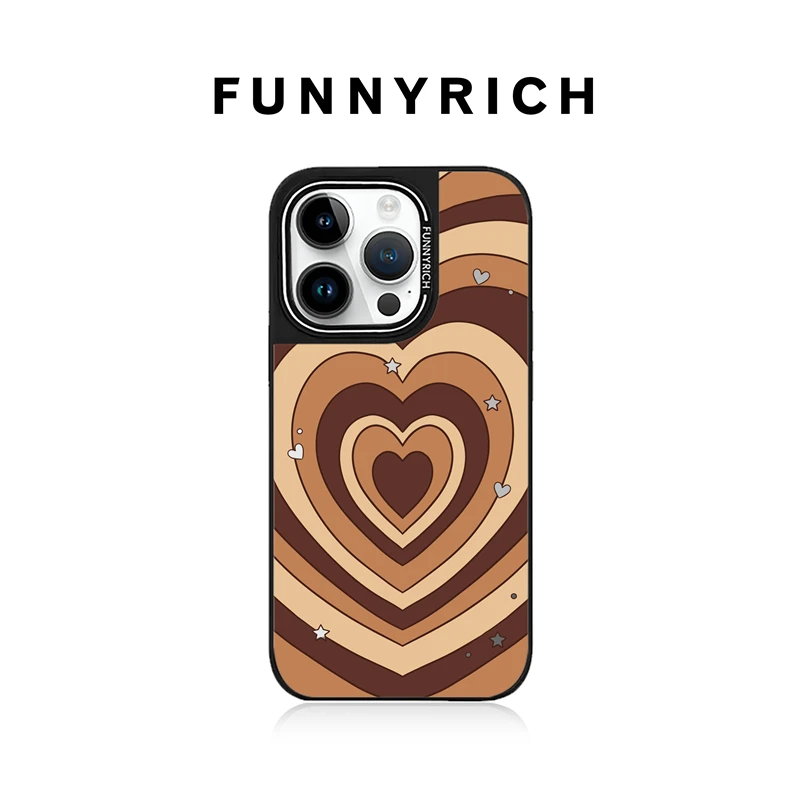 FUNNYRICH棕色爱心旋律适用iPhone16ProMax镜面手机壳苹果15新款