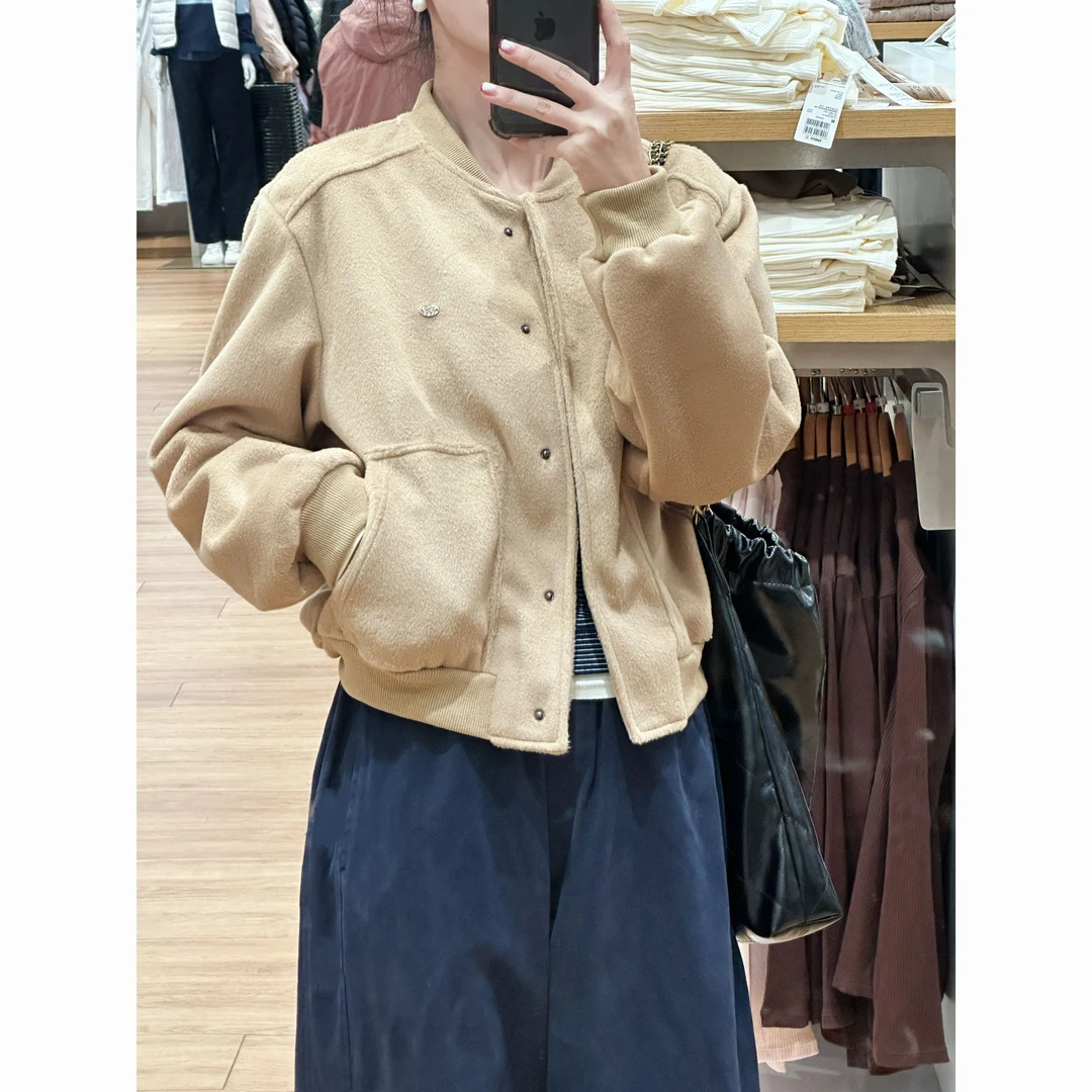 【歡囍】美式复古长袖棒球服女秋季新款宽松显瘦高级感毛呢夹克上衣