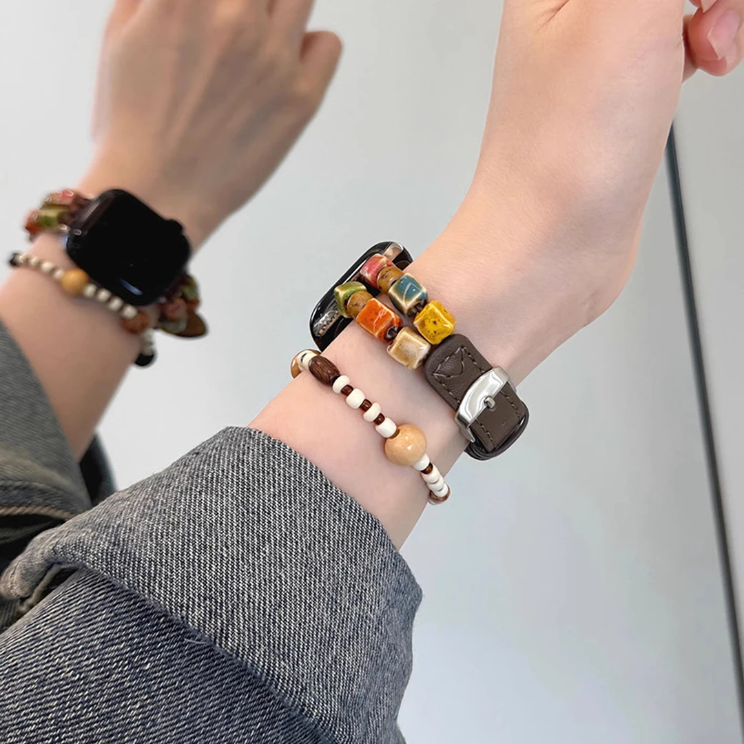 适用小米手环9pro表带新中式陶瓷串珠9/8真皮腕带红米watch5/4女