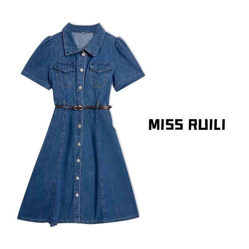 MISS RUILI定制 2024新款气质复古短袖高级感收腰显瘦连衣裙A7795