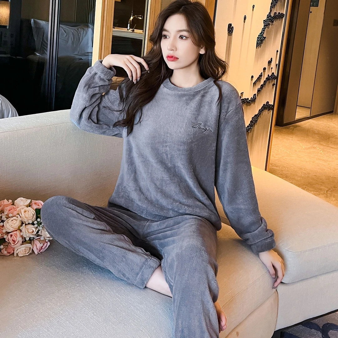 秋冬休闲睡衣家居服女冬季情侣珊瑚绒暖暖套装春秋居家服外穿韩版