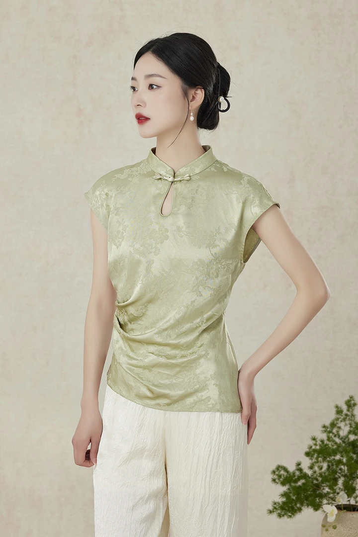 【梨花庄】2024春夏2F1S085立领无袖新中式百搭上衣