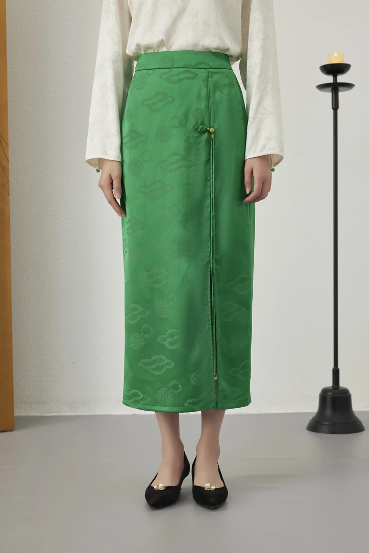 【梨花庄】2024春夏2F1K174女装半身裙气质绿色复古国风