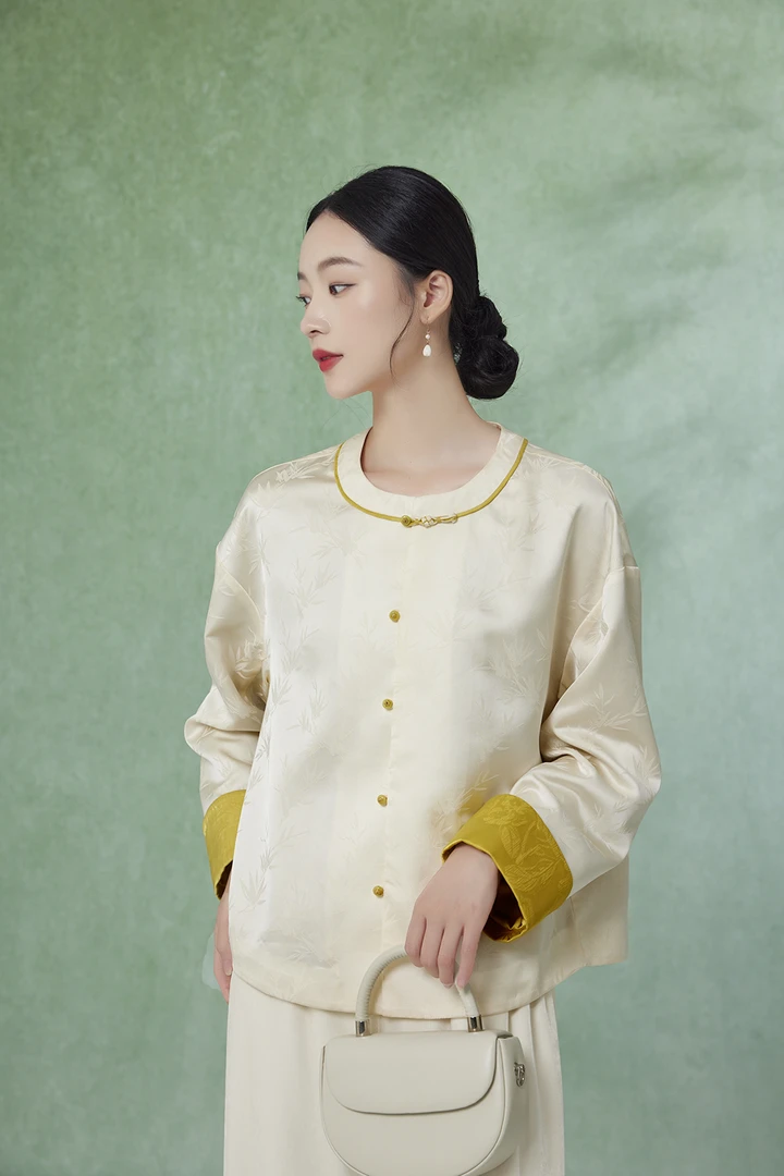 【梨花庄】24秋冬2F3W152新中式复古撞色翻袖手工盘扣国风外套上衣