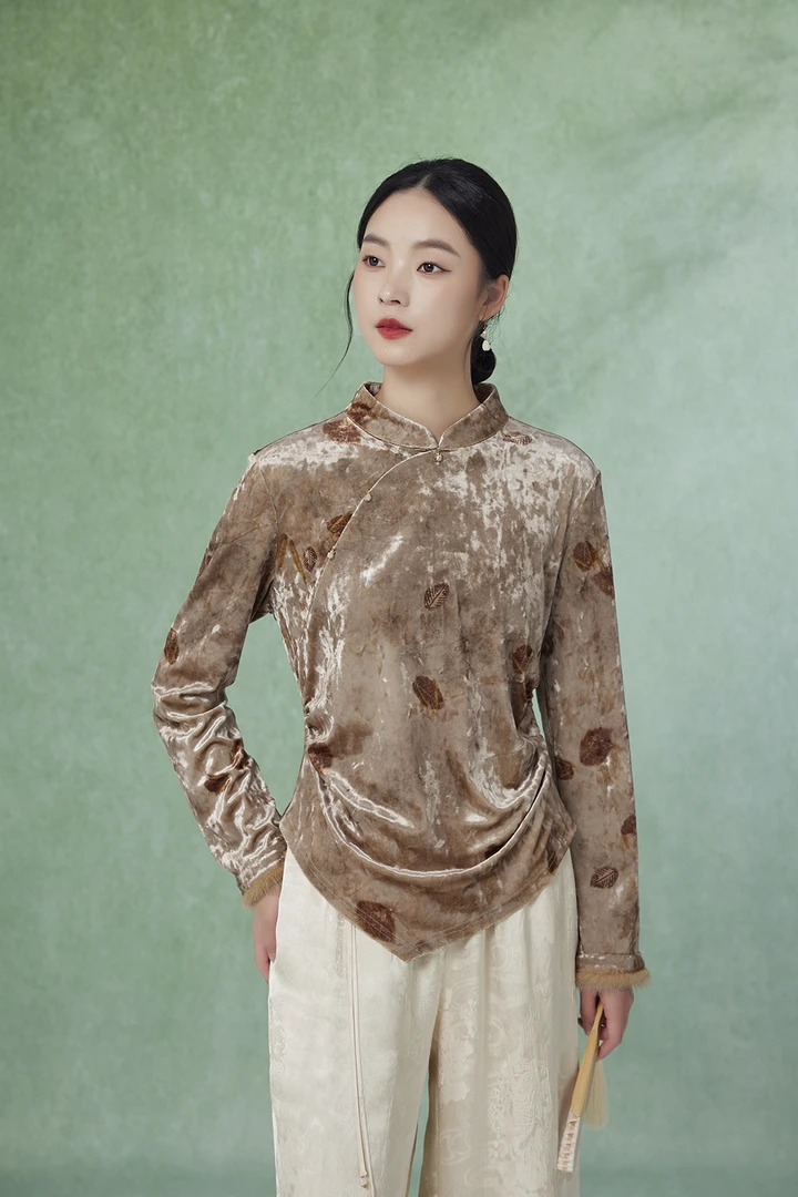 【梨花庄】24秋冬2F3S290新中式复古国风印花偏襟修身显瘦长袖衬衫
