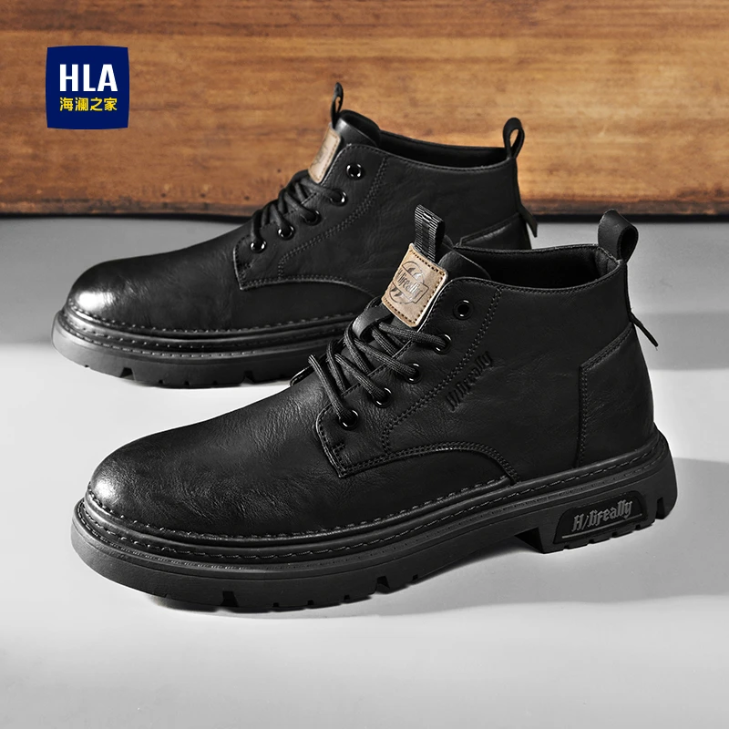海澜之家男鞋秋冬高帮马丁靴2024新款工装鞋潮流英伦黑色机车皮靴