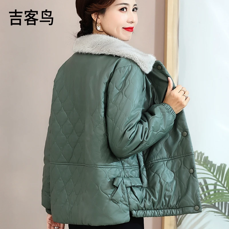 妈妈冬装外套加绒加厚皮衣棉袄洋气短款棉服中老年人女奶奶皮棉衣