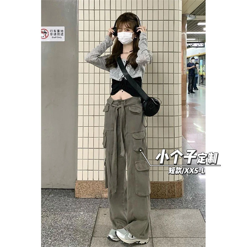 145小矮个子美式复古系带工装裤女高腰直筒阔腿拖地xs显高八分夏