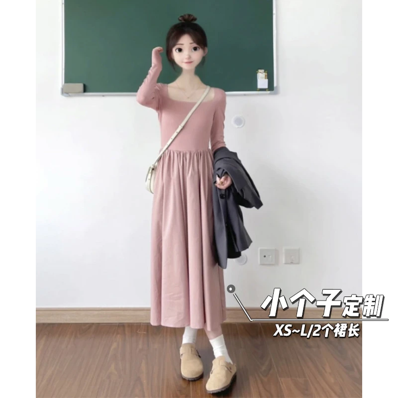 145小矮个子高级设计感拼接连衣裙女收腰长袖a字中长款xs显高春秋