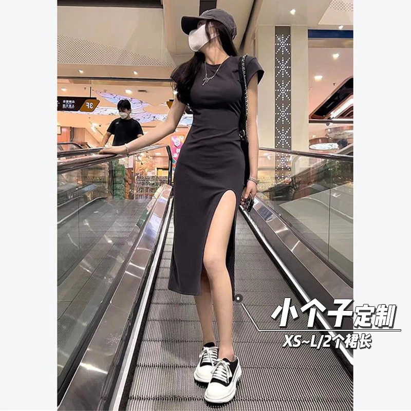 辣妹开叉短袖T恤连衣裙女150小矮个子收腰修身包臀a字休闲中长裙