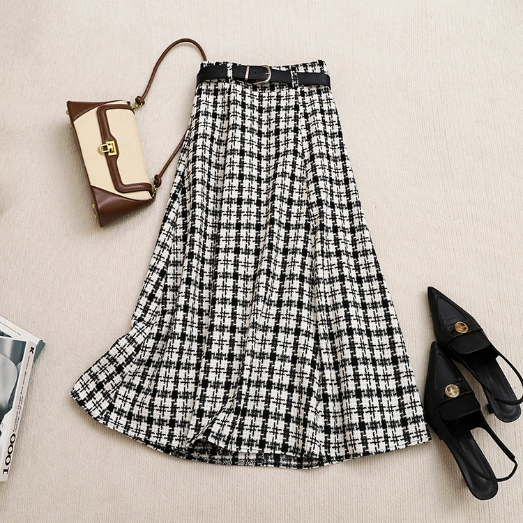 复古毛呢千鸟格小香风高腰字裙大摆伞裙中长款半裙
