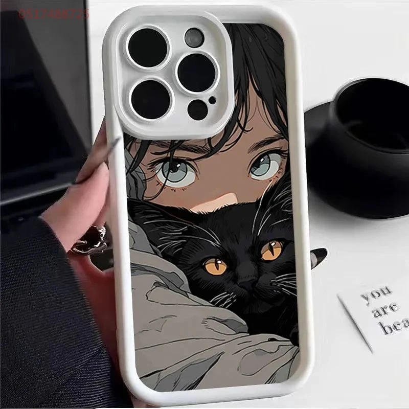 壳苹果IPHONE黑猫女孩15手机可爱情侣动漫涂鸦小众创意ins卡通