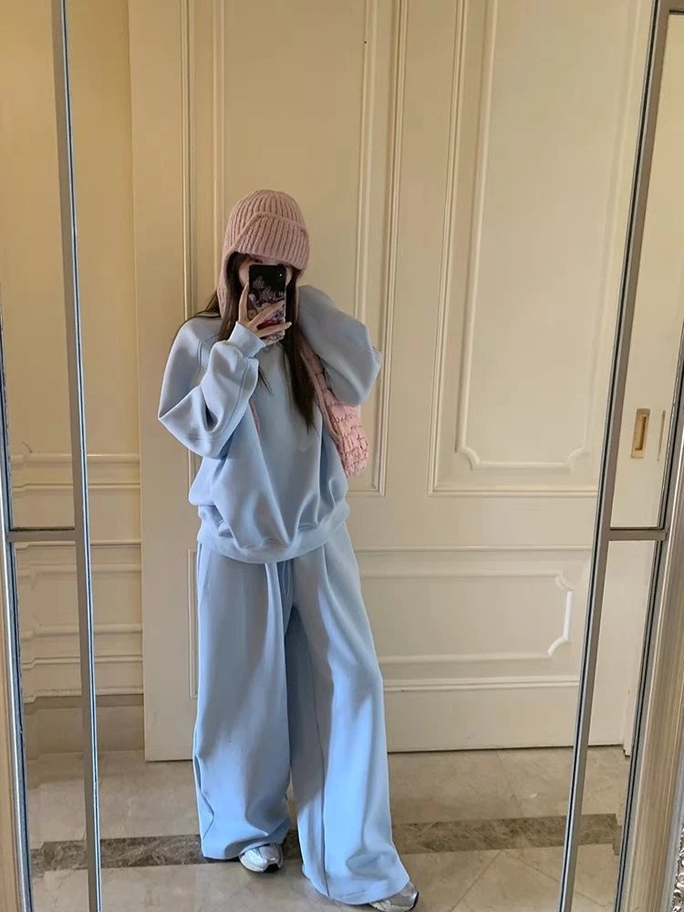 氛围感休闲卫衣套装慵懒纯色圆领长袖女2024秋高腰阔腿裤三件套