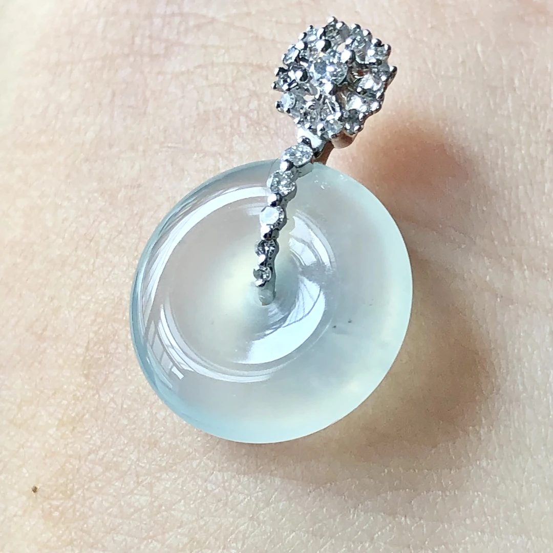 天然A货缅甸翡翠18k金老坑冰种平安扣吊坠挂件裸石尺寸13.6/3.8