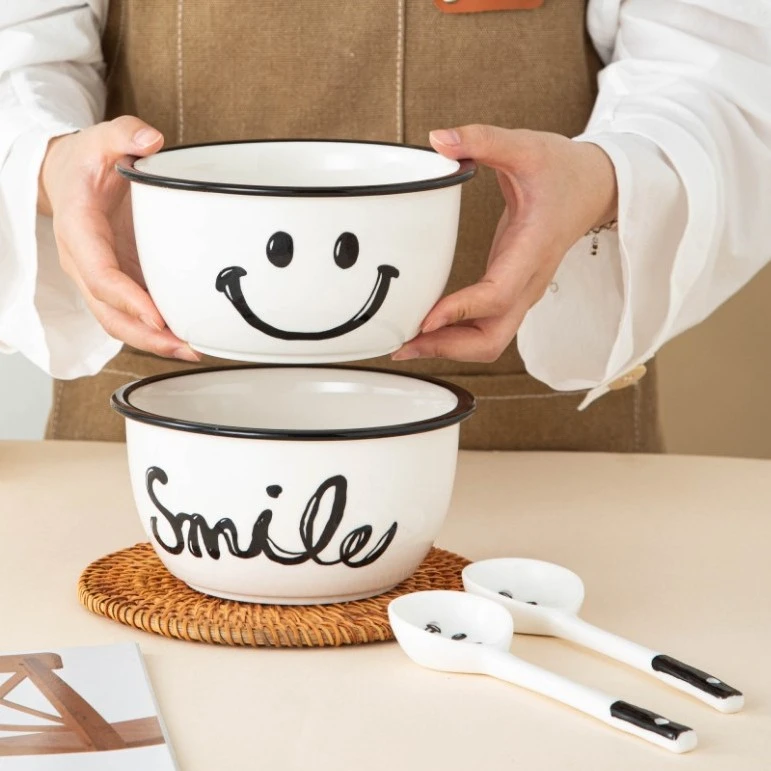 【ins笑脸】大号面碗6寸新佩面碗长柄勺简约家用餐具高级饭碗陶瓷