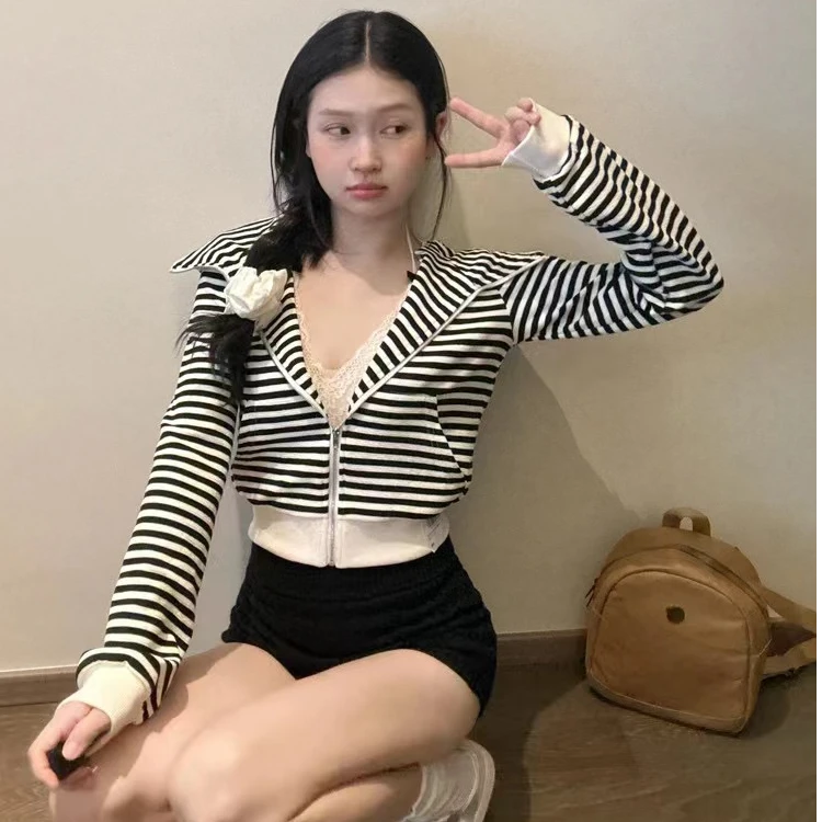美式复古条纹连帽开衫拉链短款外套女秋季新款薄款韩版百搭潮
