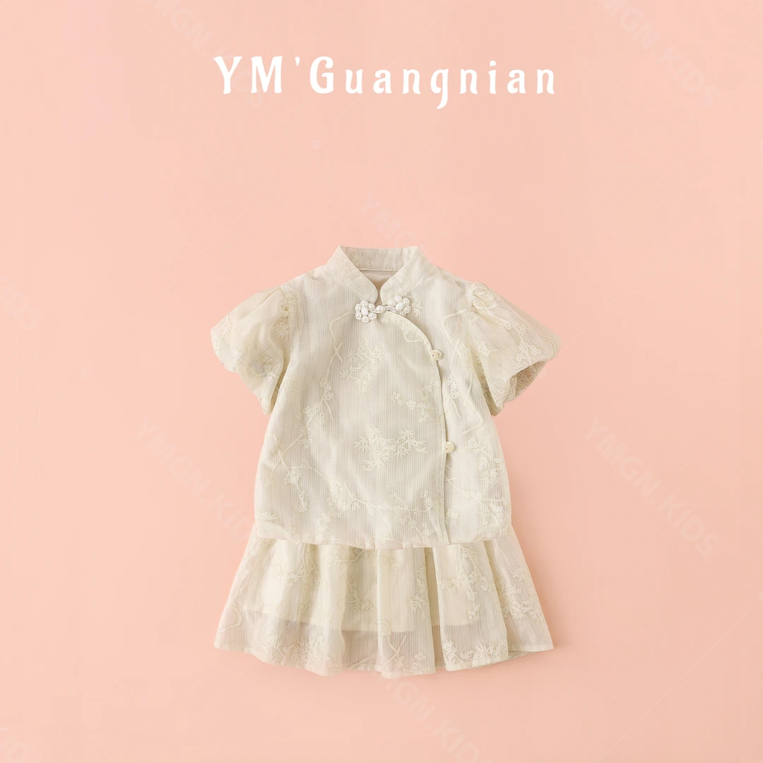 【幼棉光年】女童夏款儿童复古泡泡袖小童蕾丝裙子套装527117