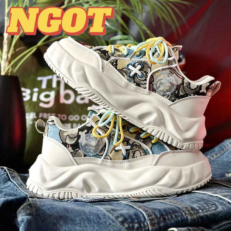 NGOT男鞋秋季新款透气帆布面包鞋小众设计隐形内增高厚底休闲板鞋