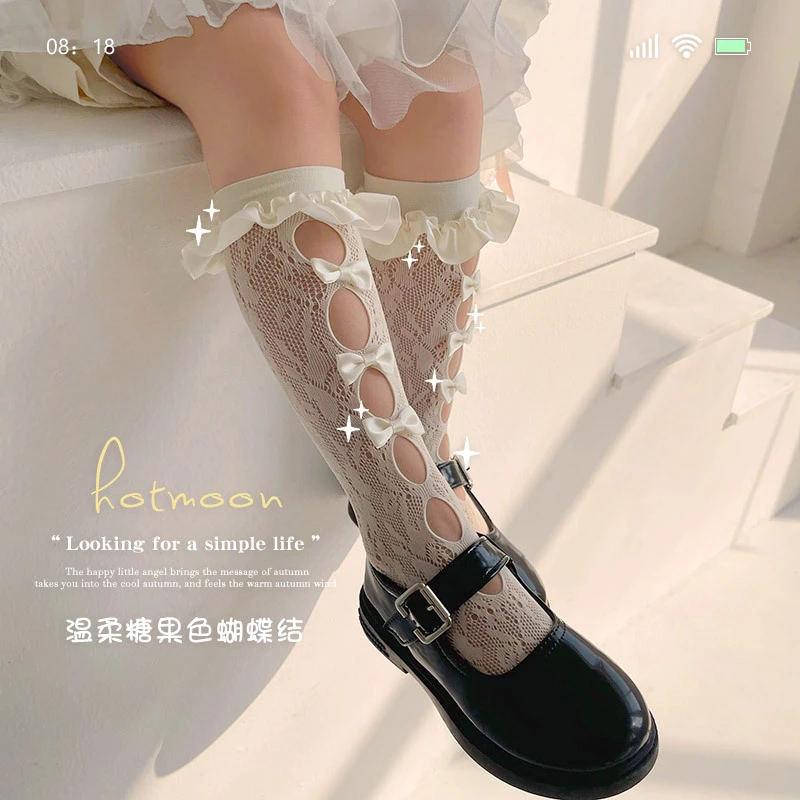 春夏儿童糖果色绸缎蕾丝花边镂空蝴蝶结中筒堆堆袜亲子袜夏季袜子
