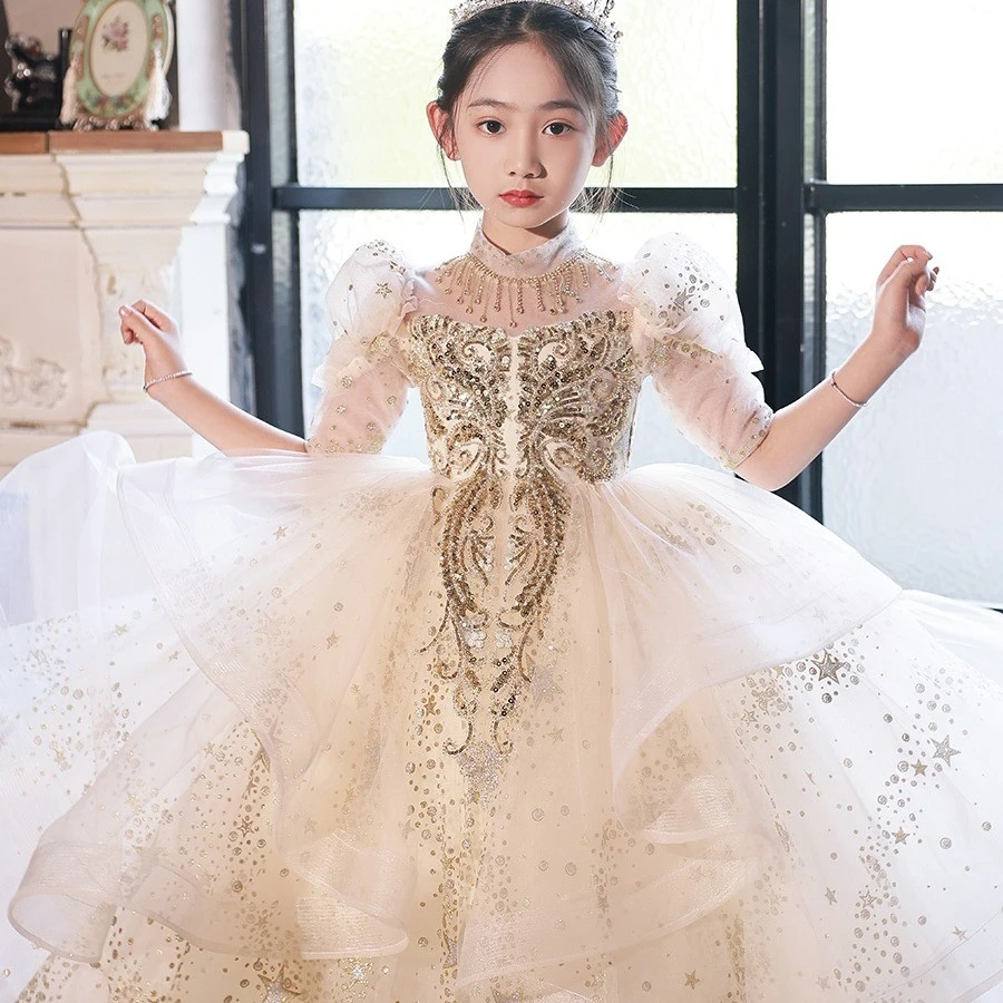 【安吉拉】儿童渐变丁达尔风公主裙礼服主持人儿童花童婚纱钢琴演奏