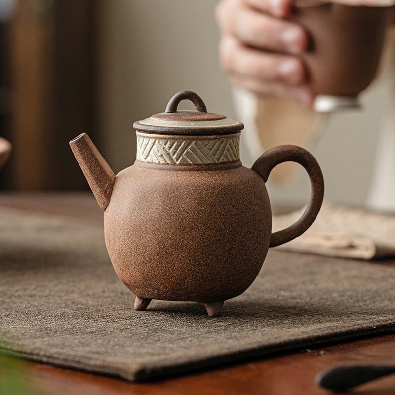 手工描银老陶泥三足将军壶小茶壶单壶家用陶壶高档功夫茶具泡茶器