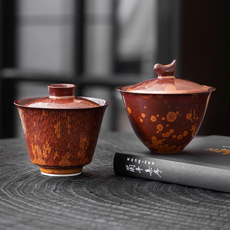 窑变栗棕跳刀三才盖碗茶杯高档单个家用陶瓷功夫茶具泡茶碗不烫手