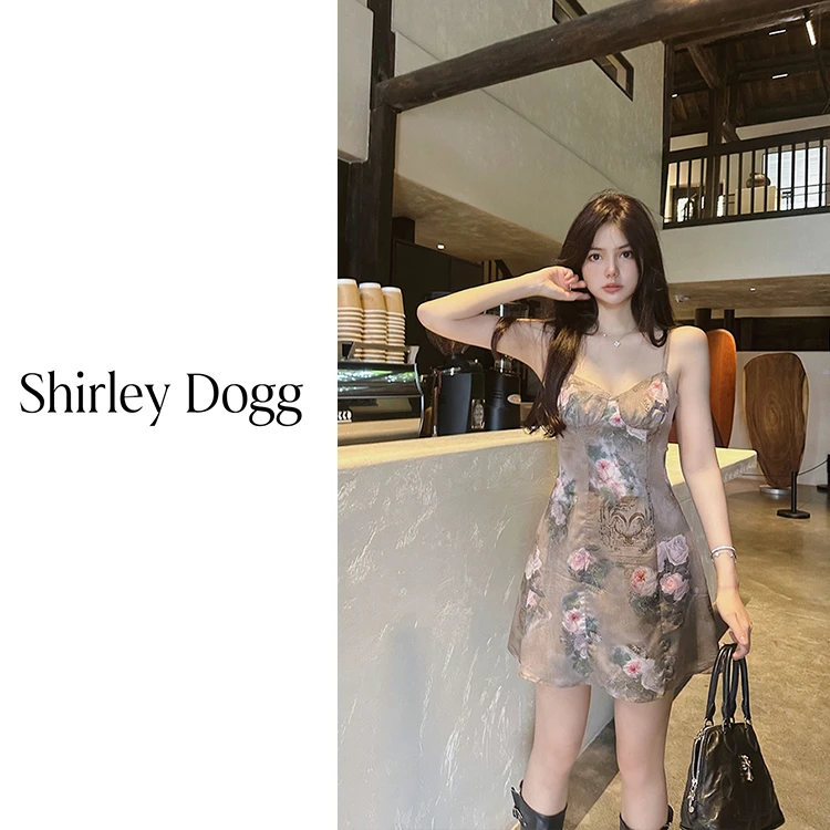 【no退no换】23Q185汤元家sd复古玫瑰印花吊带连衣裙女收腰显瘦短裙
