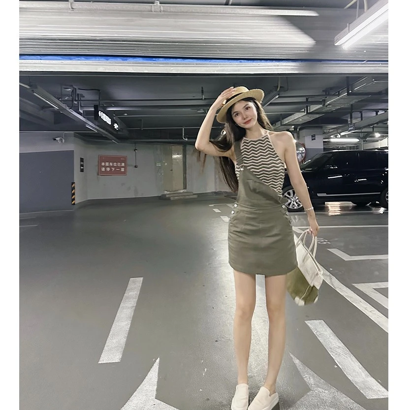 汤元家sd 复古背带裙女夏季2023年新款休闲百搭短裙高腰时尚裙子