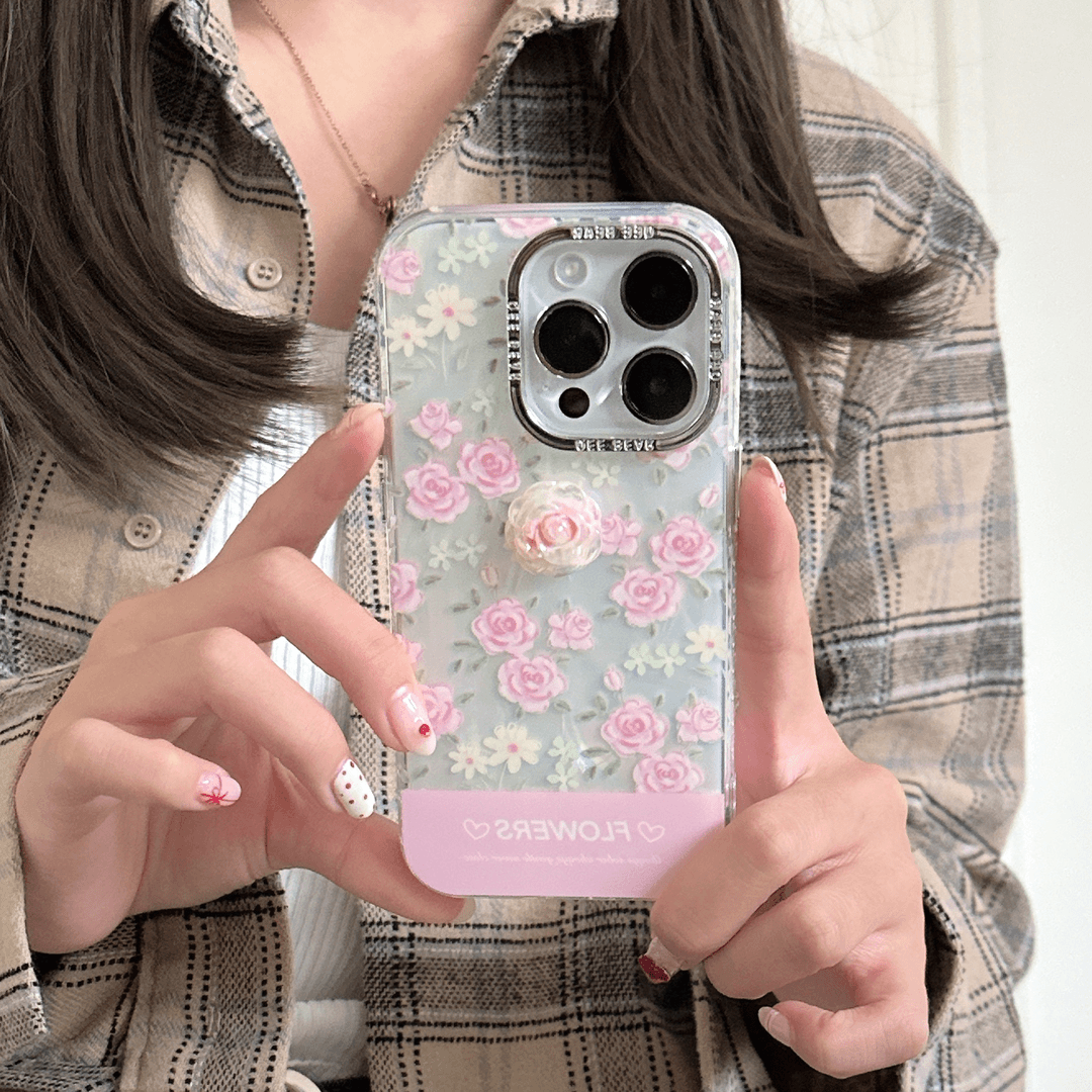 镭射粉色花朵适用iPhone14ProMax贝壳纹苹果15手机壳13全包12防摔