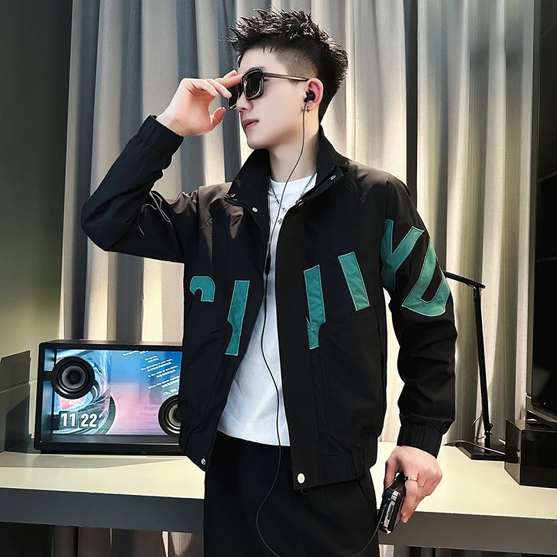 男士痞帅外套春秋季痞帅褂子男装上衣服2025新款潮牌撞色立领夹克