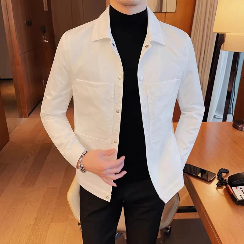 秋季男士时尚修身白色高端外套商务休闲翻领夹克痞帅长袖百搭上衣