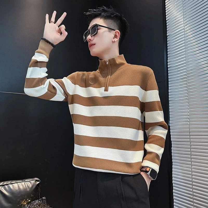 半高领拉链毛衣男秋冬小众韩版休闲INS撞色条纹针织衫外套POLO衫