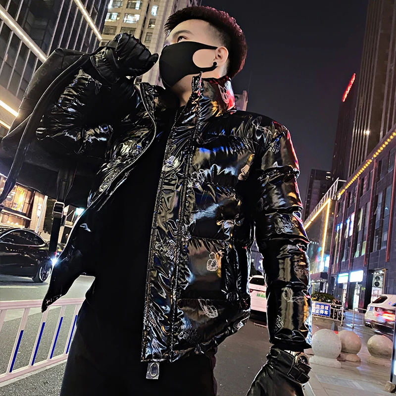 亮面短款棉服男蝴蝶印花光滑面棉袄2024新款冬季男生帅气冬天外套