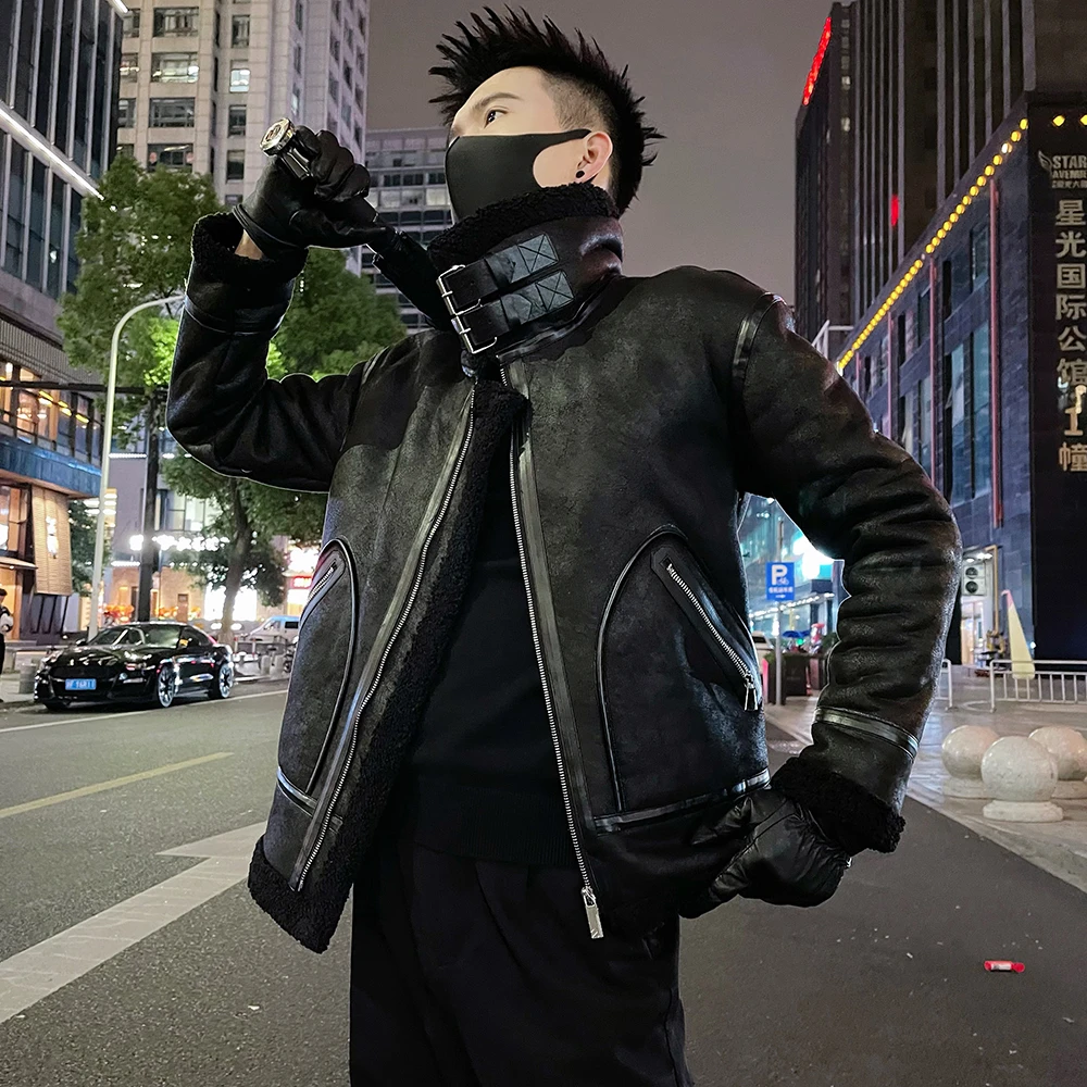 男士高端皮毛一体棉衣加厚皮衣外套2024新款冬季潮牌冬装加绒棉服