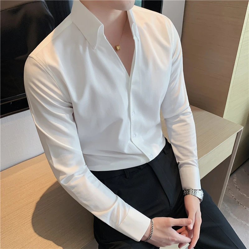 男士衬衫长袖春秋季痞帅高级感修身2023新款法式一片V领西装衬衣
