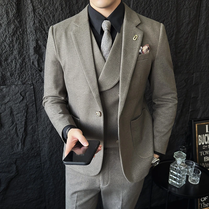 秋冬呢料西服套装男英伦商务修身休闲西装三件套潮高级感通勤正装