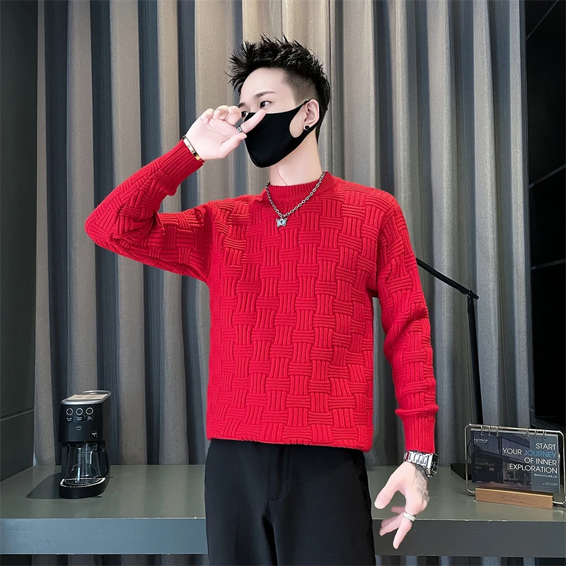 红色毛衣男款秋冬季2024新款高级感纯色内搭针织衫百搭圆领打底衫