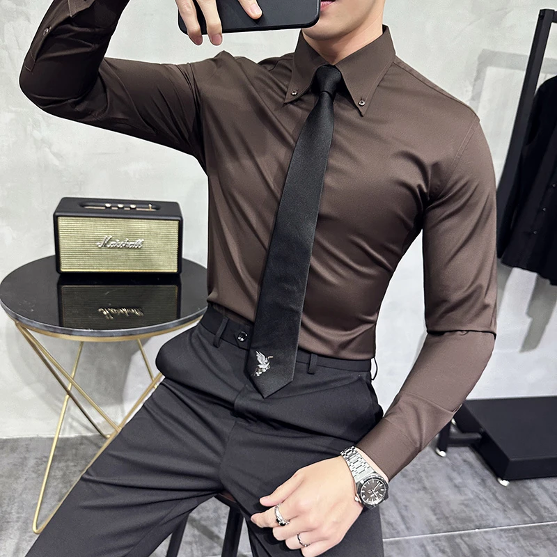 韩版职业大尖领衬衫男长袖秋季修身痞帅质感垂滑商务西服打底衬衣