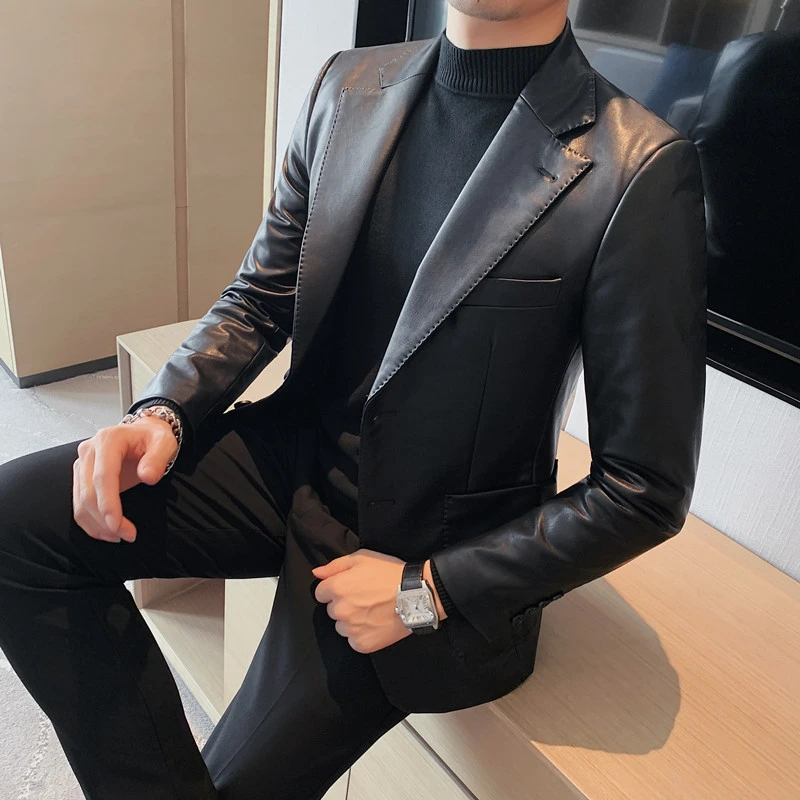秋季皮西装外套男士英伦风高档休闲皮衣西服韩版修身款百搭单西男