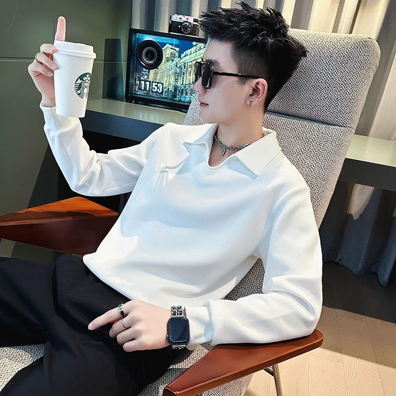 男士翻领爆款卫衣潮牌小V领T恤长袖男装上衣2025新款春秋季套头衫