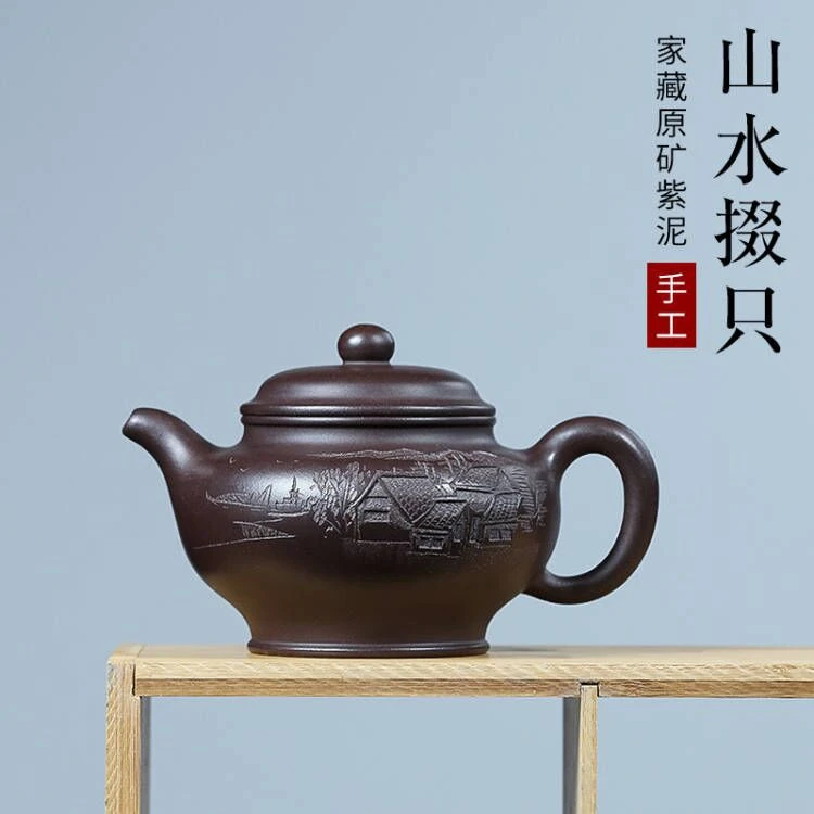 宜兴山水功夫茶具手工茶壶仿古壶莲子壶陶瓷中式银壶四方壶潮州