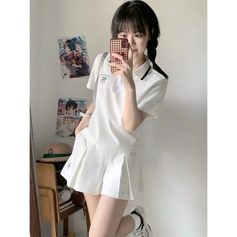 墨秋JK制服千折星刺绣百褶安全裤裙短袖T恤POLO衫两件运动套装女