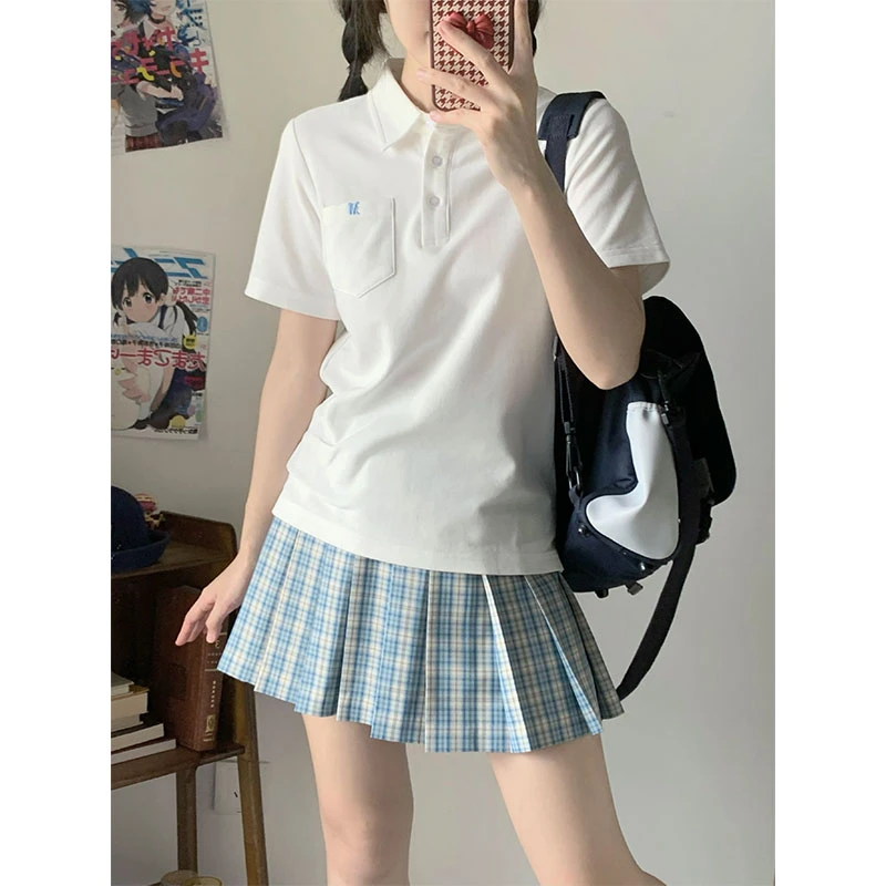 墨秋JK制服夏季女款小禾白色POLO衫修身设计日系短袖T恤针织上衣