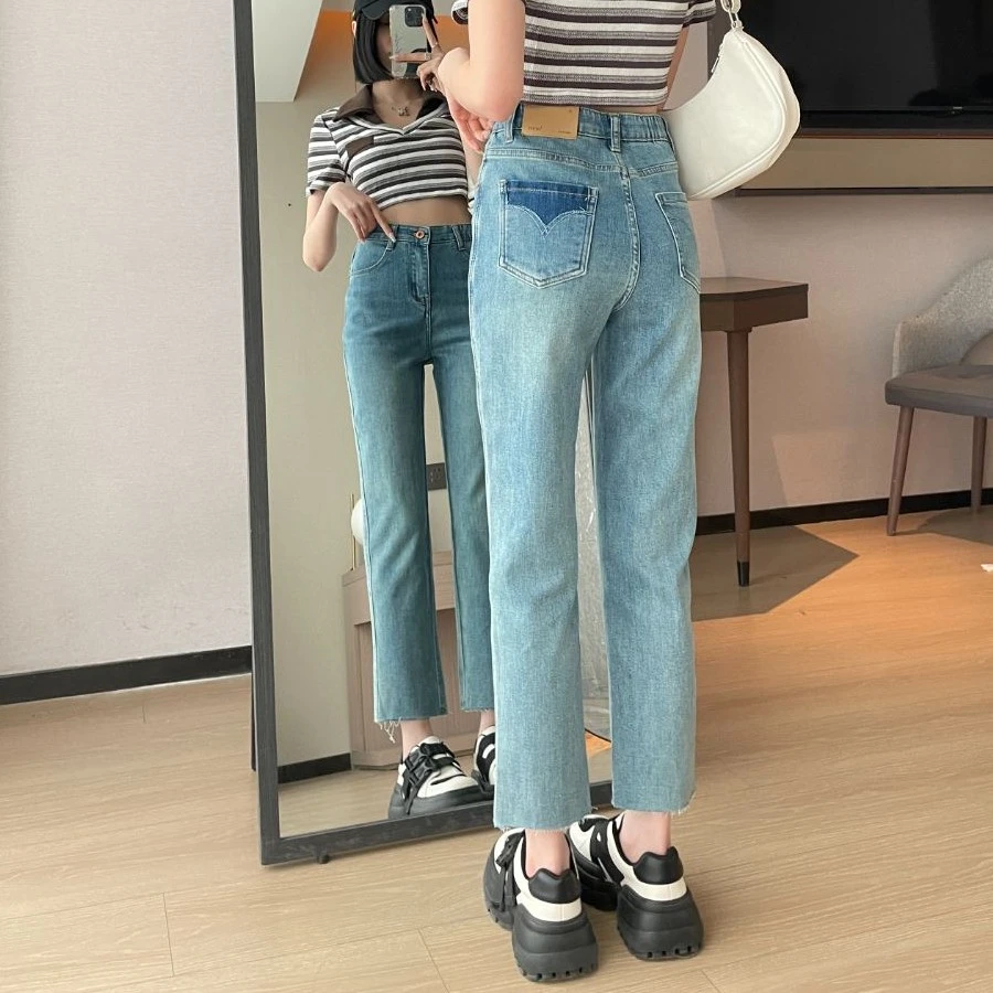 浅色牛仔裤女直筒烟管裤高腰夏薄款弹力显瘦毛边奶蓝九分梨形身材