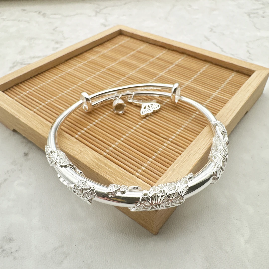 足银手镯 足银999.9手镯 开口繁花似锦复古传承实心精美银镯子