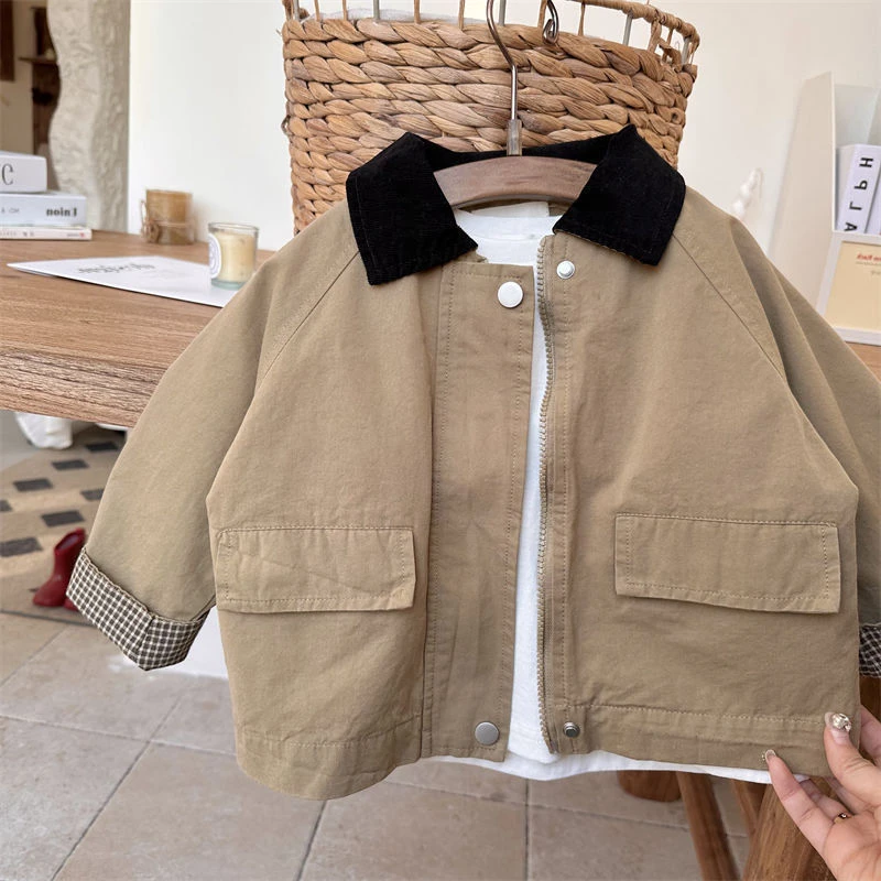 韩国男童外套春秋2024新款洋气痞帅复古拼接撞色简约宝宝儿童风衣